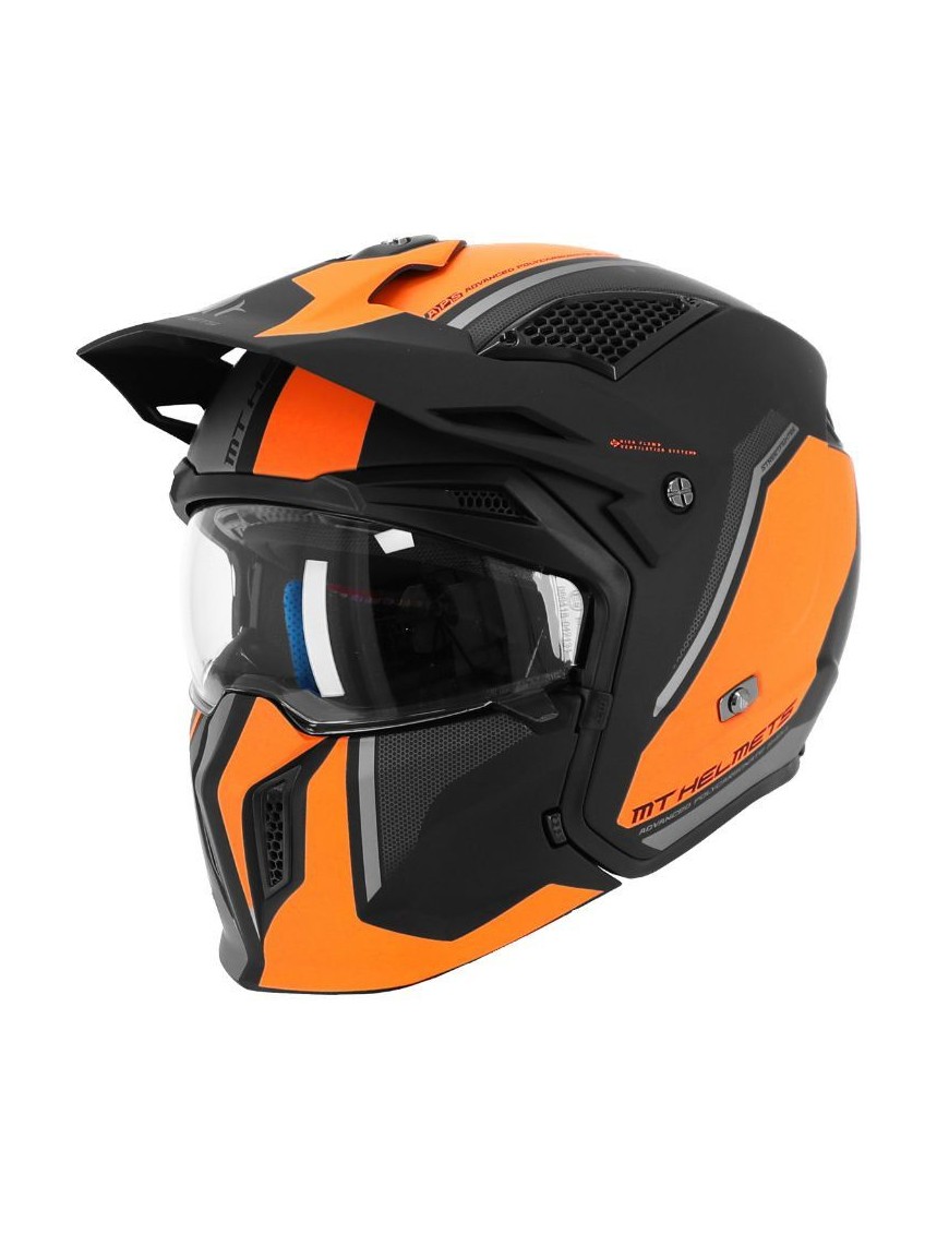 CASQUE TRIAL MT STREETFIGHTER SV TWIN C4 NOIR MAT-ORANGE FLUO XL  SIMPLE ECRAN TRANSPARENT TRANSFORMABLE AVEC MENTONNIERE AMOVI