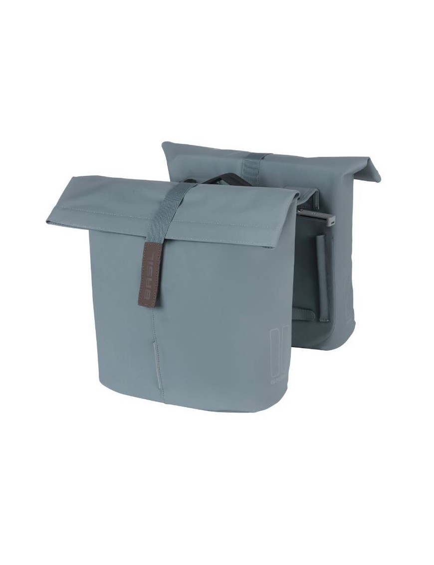 SACOCHE ARRIERE VELO DOUBLE BASIL VEGAN BLEU IMITATION CUIR 28-32L FIXATION PORTE BAGAGE FERMETURE PLIANT ANTI-PLUIE AVEC REFLE