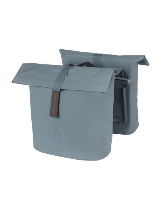 SACOCHE ARRIERE VELO DOUBLE BASIL VEGAN BLEU IMITATION CUIR 28-32L FIXATION PORTE BAGAGE FERMETURE PLIANT ANTI-PLUIE AVEC REFLE