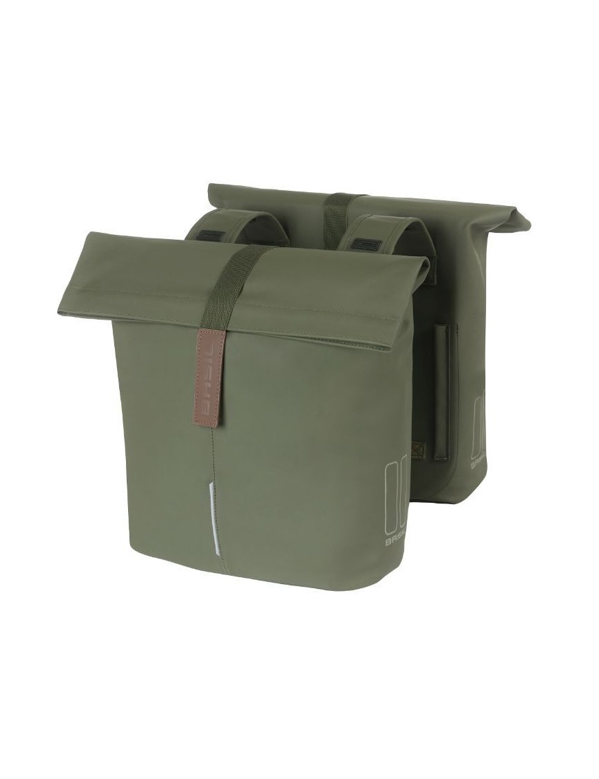 SACOCHE ARRIERE VELO DOUBLE BASIL VEGAN VERT IMITATION CUIR 28-32L FIXATION PORTE BAGAGE FERMETURE PLIANT ANTI-PLUIE AVEC REFLE