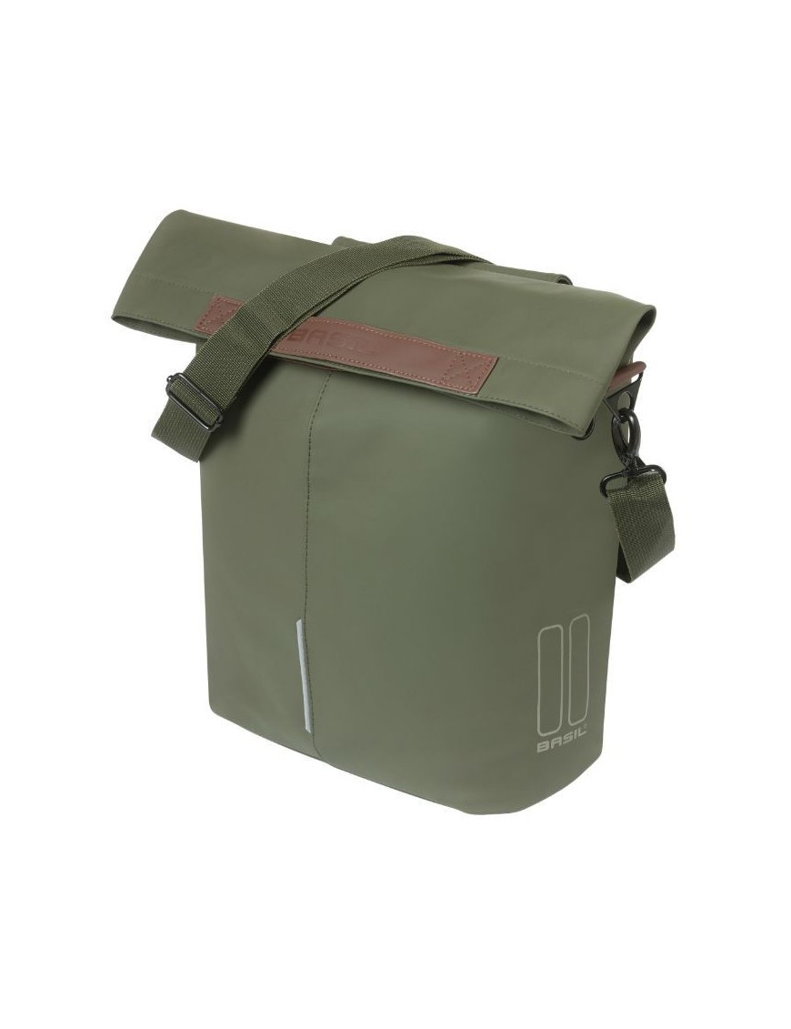 SACOCHE ARRIERE VELO LATERALE SAC BANDOULIERE BASIL CITY SHOPPER VEGAN VERT IMITATION CUIR DROIT-GAUCHE 14-16L FIXATION HOOK-ON