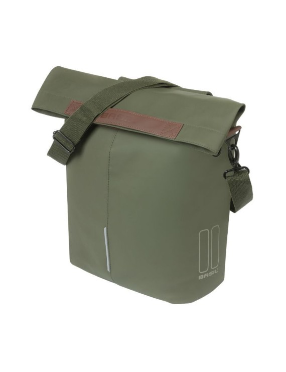 SACOCHE ARRIERE VELO LATERALE SAC BANDOULIERE BASIL CITY SHOPPER VEGAN VERT IMITATION CUIR DROIT-GAUCHE 14-16L FIXATION HOOK-ON