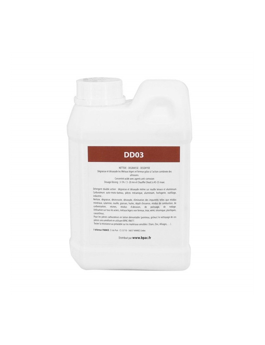 DETERGENT NETTOYEUR-BAC ULTRASONS PROFESSIONNEL DD03 1L (DEGRAISSE + DESOXYDE - PRODUIT SURPUISSANT) (A DILUER 2 A 5%)