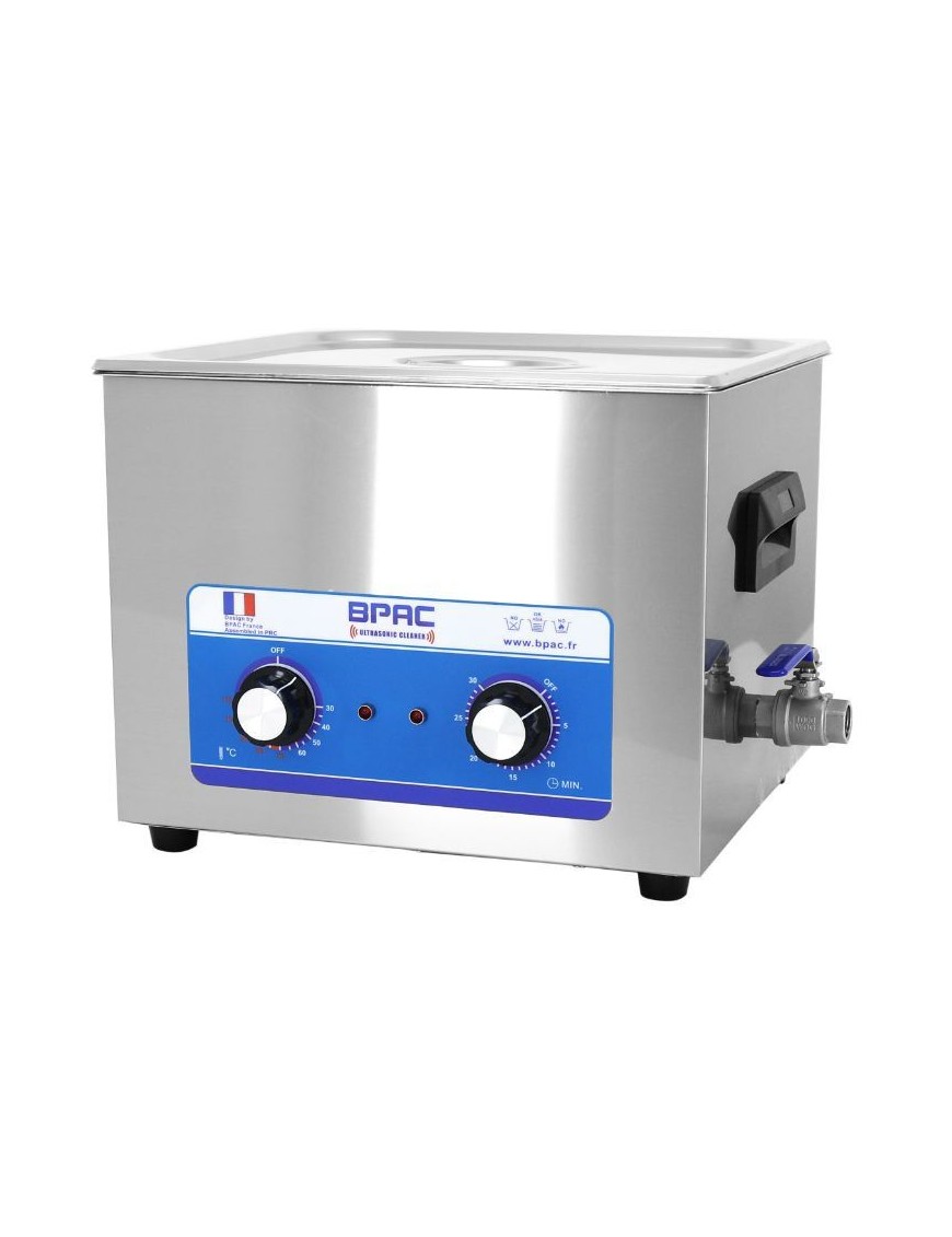 NETTOYEUR-BAC ULTRASONS PROFESSIONNEL ANALOGIQUE 15L 360 WATTS AVEC VANNE DE VIDANGE (330x300x150mm) (QUALITE PREMIUM)