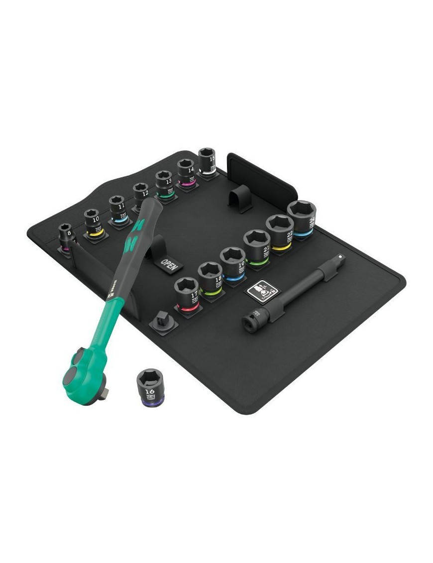 CLIQUET WERA  8100 SB ZYKLOP COMFORT 3-8 METRIQUE AVEC DOUILLES ET RALLONGE NOIR-VERT (SET 16 PIECES)  -MARQUE ALLEMANDE POUR L