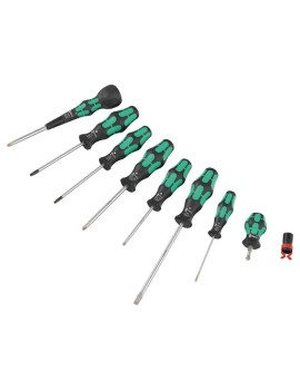 TOURNEVIS WERA 9528 BALL GRIP CRUCIFORME (POZIDRIV), TORX ET PLAT AVEC AGRIPPE VIS NOIR-VERT (SET 9 PIECES)  -MARQUE ALLEMANDE 