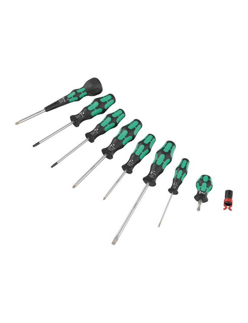 TOURNEVIS WERA 9528 BALL GRIP CRUCIFORME (POZIDRIV), TORX ET PLAT AVEC AGRIPPE VIS NOIR-VERT (SET 9 PIECES)  -MARQUE ALLEMANDE 