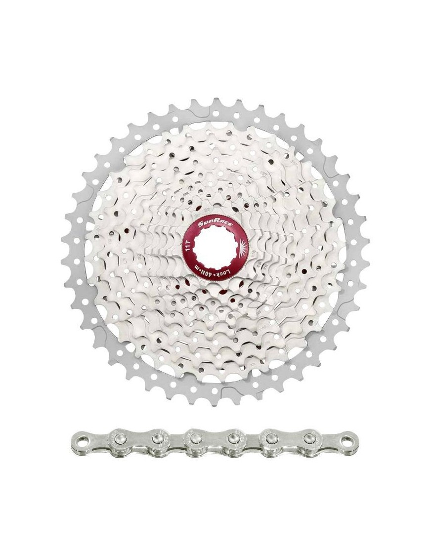 CASSETTE ET CHAINE (PACK) 11V. SUNRACE MS8 11-46 VTT POUR SHIMANO METALLIC ARGENT ET CHAINE CN11A 126 MAILLONS (LIVRE EN BOITE)