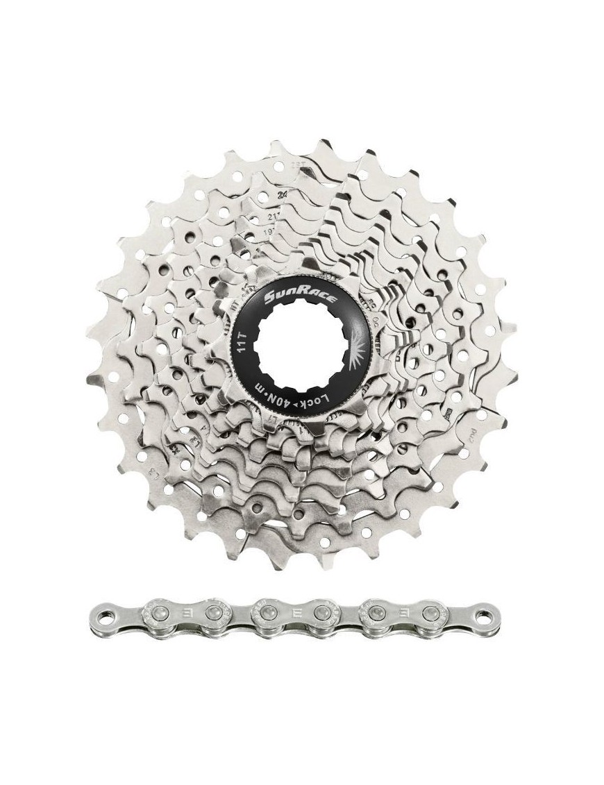 CASSETTE ET CHAINE (PACK) 10V. SUNRACE RS1 11-28 ROUTE POUR SHIMANO (NIVEAU 105) METALLIC ARGENT ET CHAINE CN10A 116 MAILLONS (