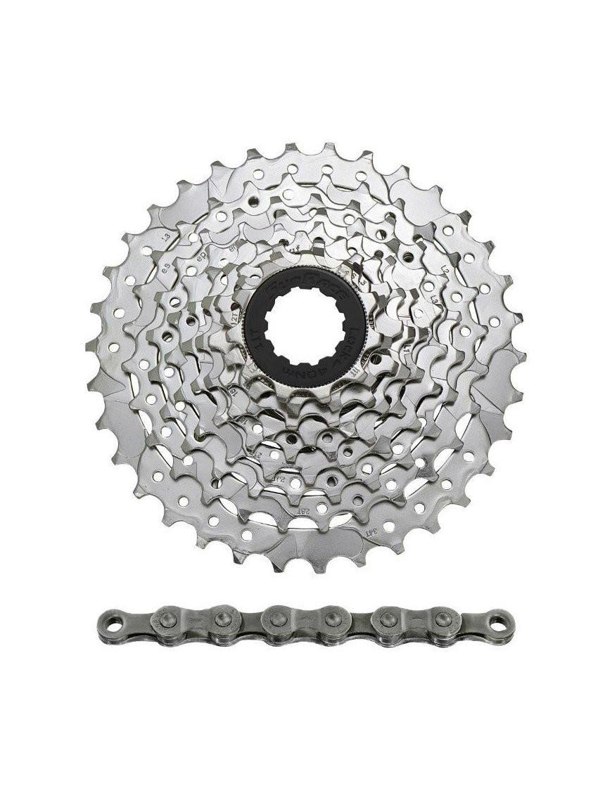 CASSETTE ET CHAINE (PACK)  9V. SUNRACE M96 11-34 VTT POUR SHIMANO NICKEL AVEC CHAINE CNM94 116 MAILLONS(LIVRE EN BOITE) (11-12-