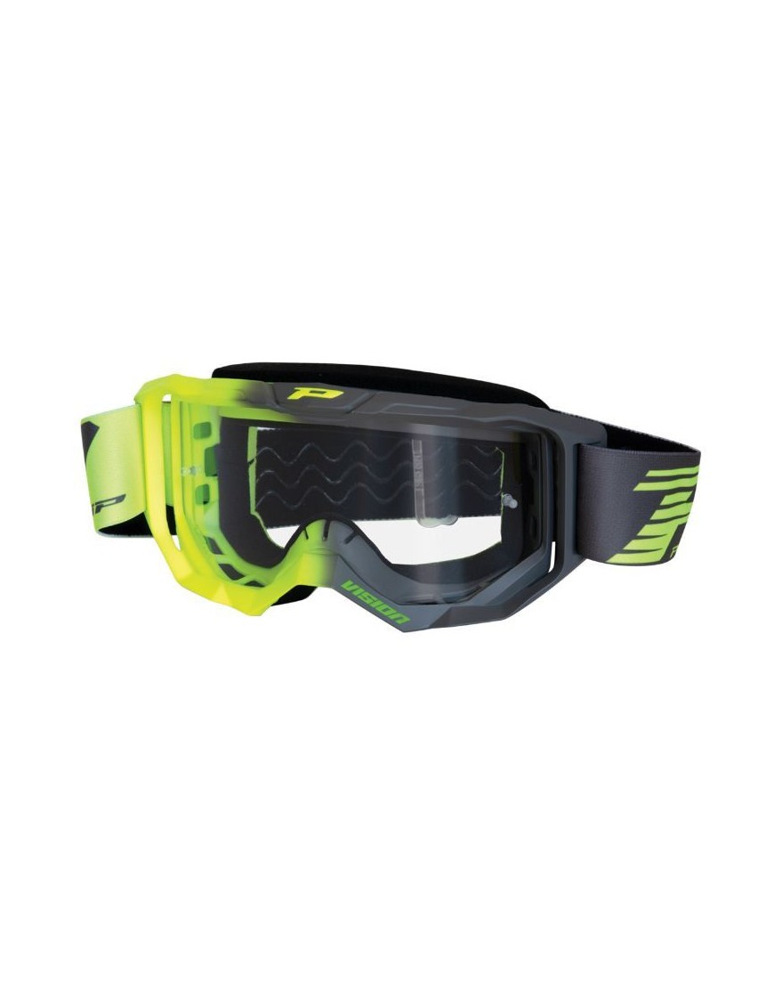 MASQUE-LUNETTES CROSS PROGRIP 3300 TR VISION JAUNE FLUO-GRIS ECRAN TRANSPARENT ANTI-RAYURES-ANTI U.V.-ANTI-BUEE (HOMOLOGUE CE-E