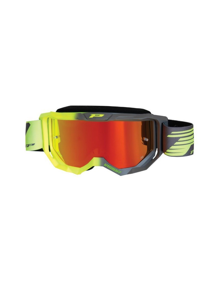 MASQUE-LUNETTES CROSS PROGRIP 3300 FL VISION JAUNE FLUO-GRIS ECRAN MIROIR LIGHT SENSITIVE ANTI-RAYURES-ANTI U.V.-ANTI-BUEE (HOM