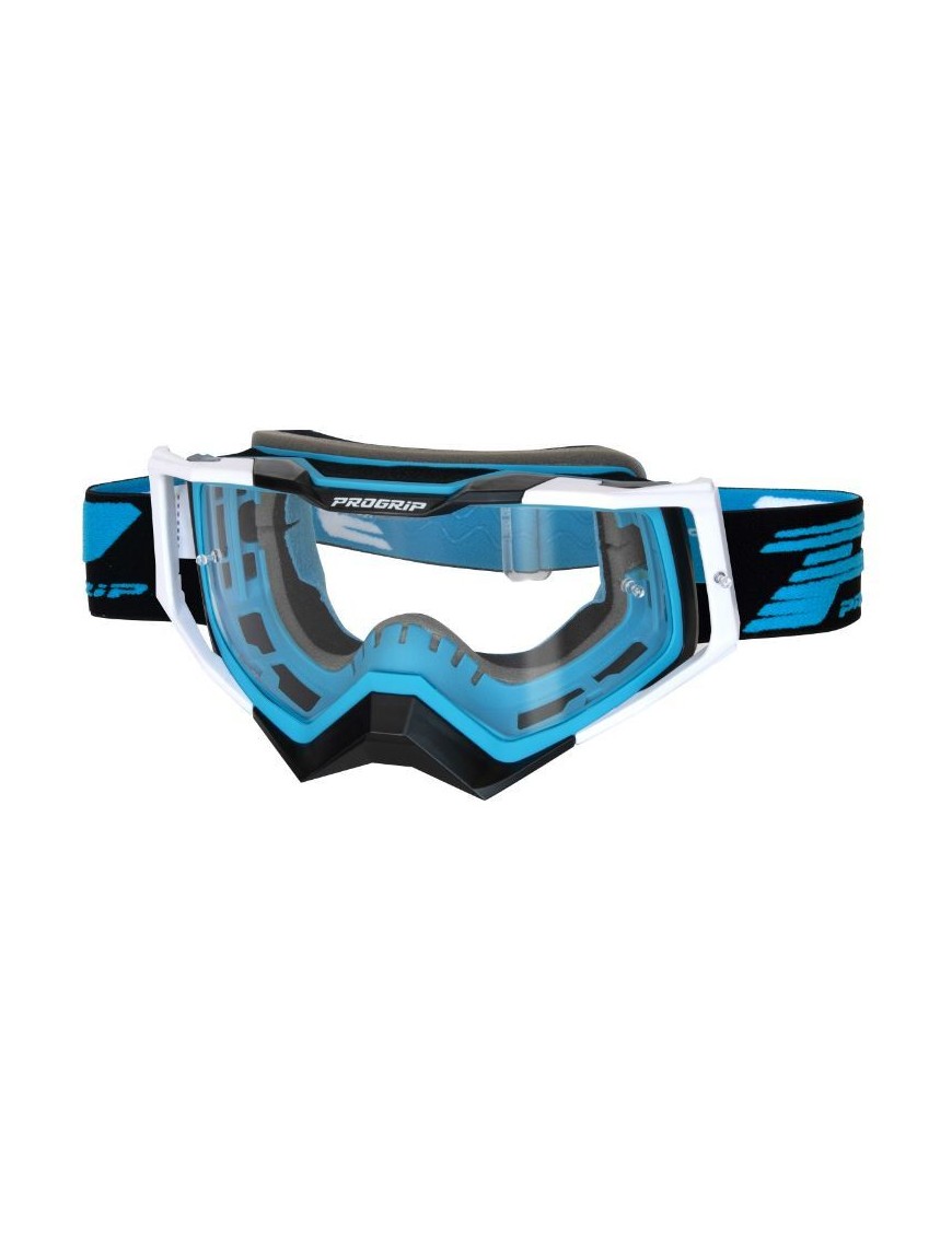 MASQUE-LUNETTES CROSS PROGRIP 3309 TR RAPID BLEU CLAIR-NOIR-BLANC ECRAN TRANSPARENT ANTI-RAYURES-ANTI U.V.-ANTI-BUEE (HOMOLOGUE