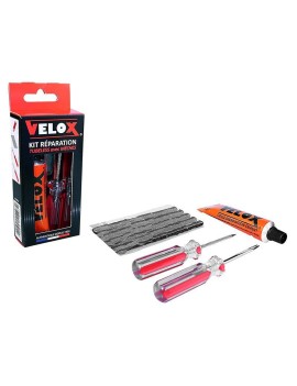 KIT REPARATION PNEU TUBELESS VTT VELOX PAR L'EXTERIEUR AVEC MECHES - BOITE (5 MECHES D4.5xL50mm + DISSOLUTION + VRILLE + OUTIL 