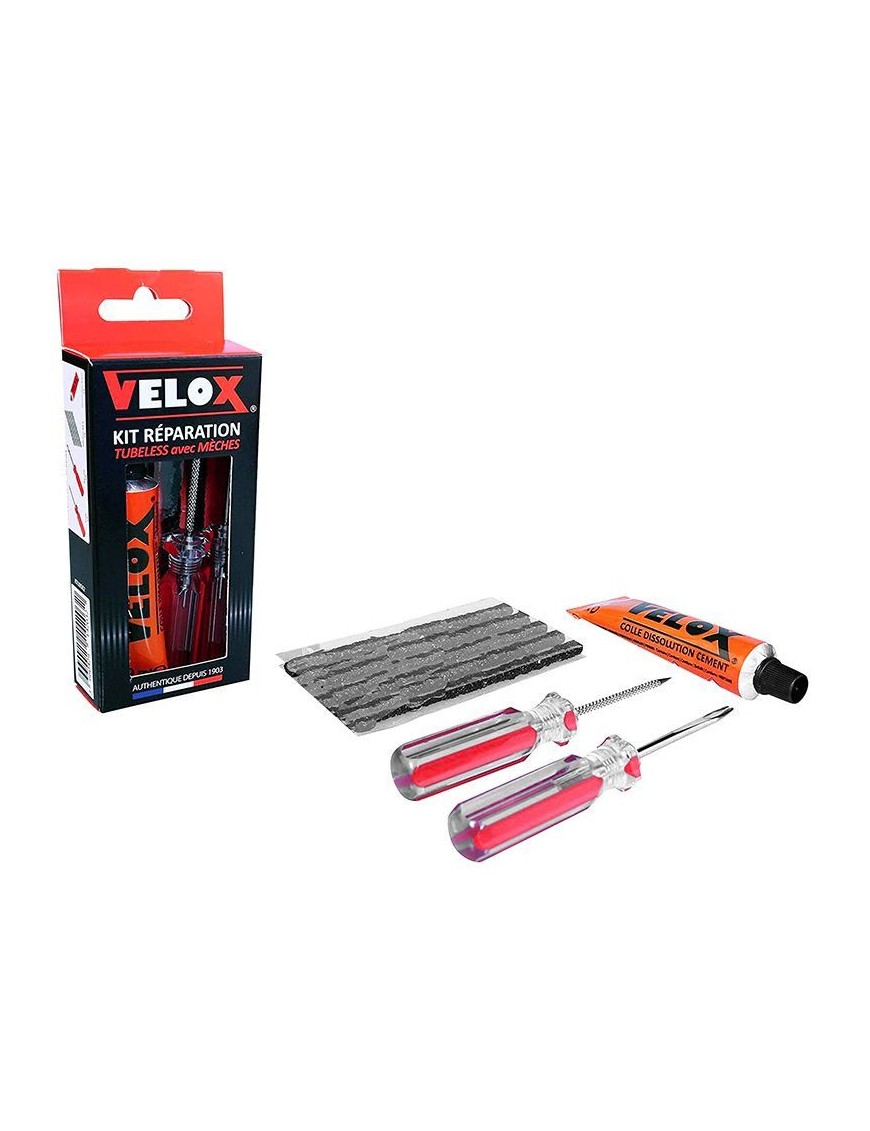 KIT REPARATION PNEU TUBELESS VTT VELOX PAR L'EXTERIEUR AVEC MECHES - BOITE (5 MECHES D4.5xL50mm + DISSOLUTION + VRILLE + OUTIL 