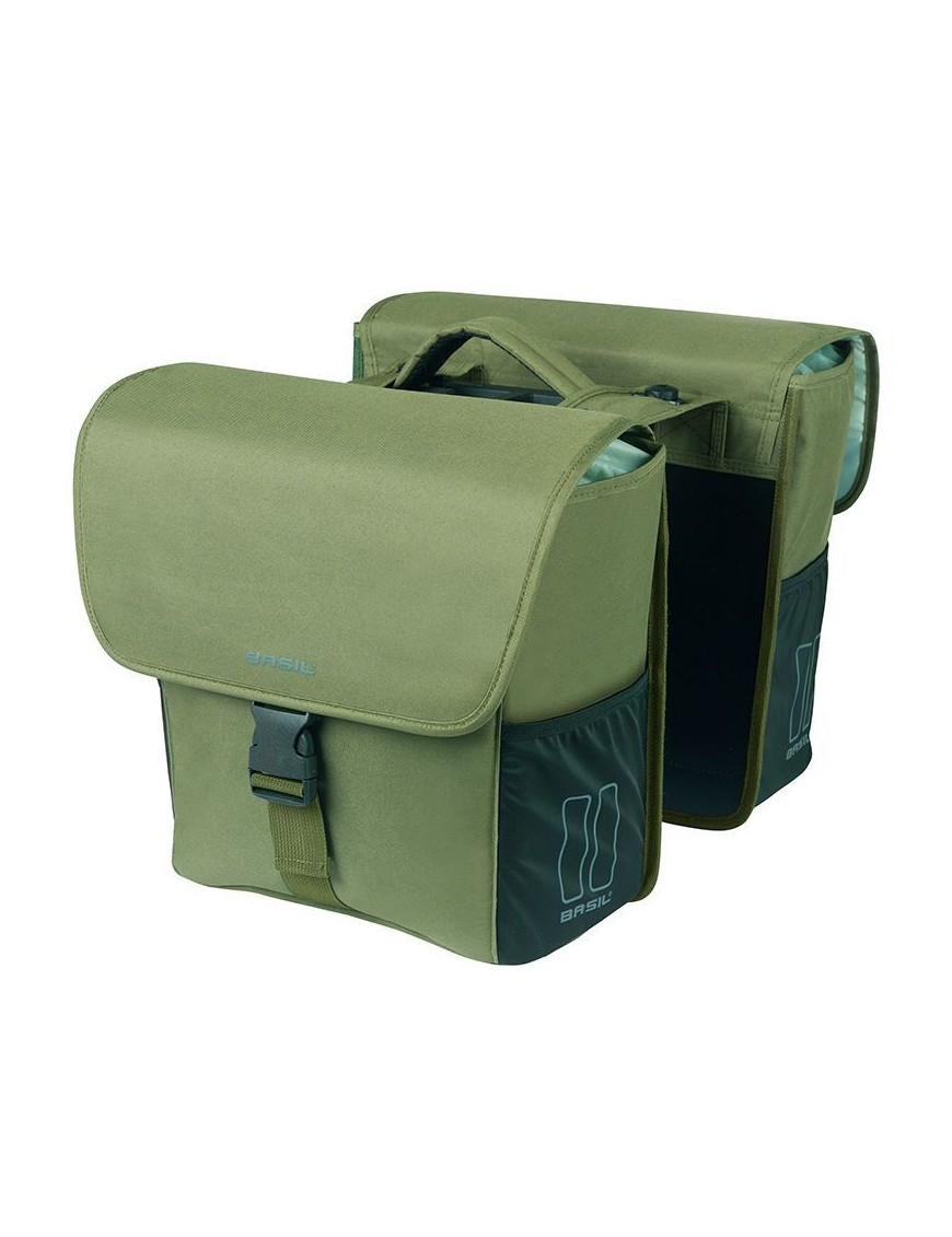 SACOCHE ARRIERE VELO DOUBLE BASIL GO VERT FONCE 32L FIXATION HOOKS ON POUR PORTE BAGAGE SYSTEME MIK (FIXATION INCLUS)