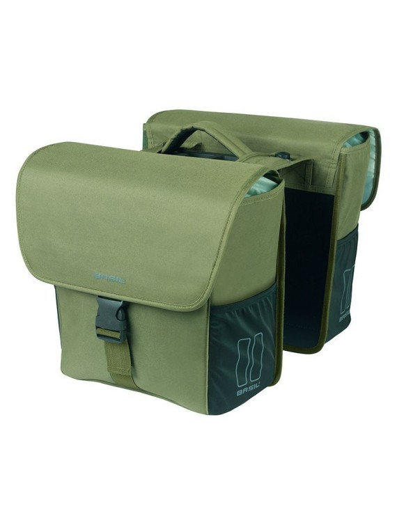 SACOCHE ARRIERE VELO DOUBLE BASIL GO VERT FONCE 32L FIXATION HOOKS ON POUR PORTE BAGAGE SYSTEME MIK (FIXATION INCLUS)