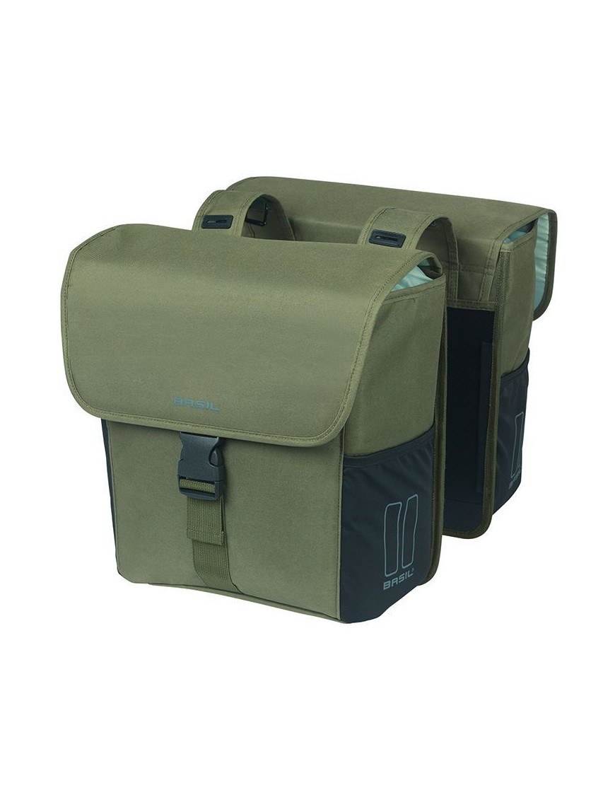 SACOCHE ARRIERE VELO DOUBLE BASIL GO VERT FONCE 32L FIXATION HOOKS ON POUR PORTE BAGAGE COMPATIBLE SYSTEME MIK (FIXATION NON IN