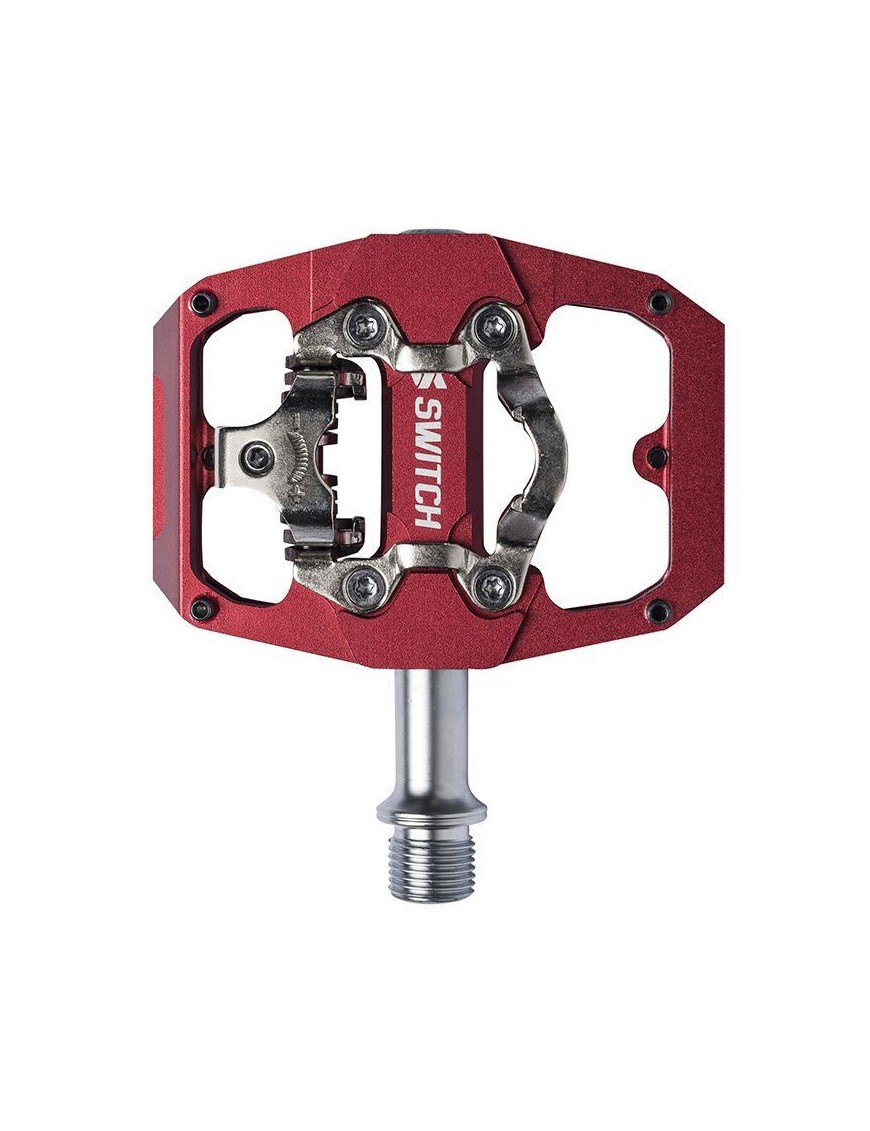 PEDALE VTT PLATEFORME SWITCH CRANK FLIP DOUBLE FONCTION ALU CNC ROUGE FILETAGE 9-16 AVEC PICOTS (PAIRE) (CALES SHIMANO SPD INCL