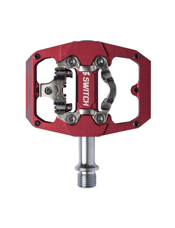 PEDALE VTT PLATEFORME SWITCH CRANK FLIP DOUBLE FONCTION ALU CNC ROUGE FILETAGE 9-16 AVEC PICOTS (PAIRE) (CALES SHIMANO SPD INCL