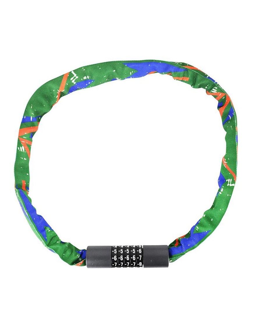 ANTIVOL VELO - TROTTINETTE CHAINE A CODE ACIER LONGUEUR 95cm (MULTICOLORE VERT DOMINANT)  - NIVEAU SECURITE 8
