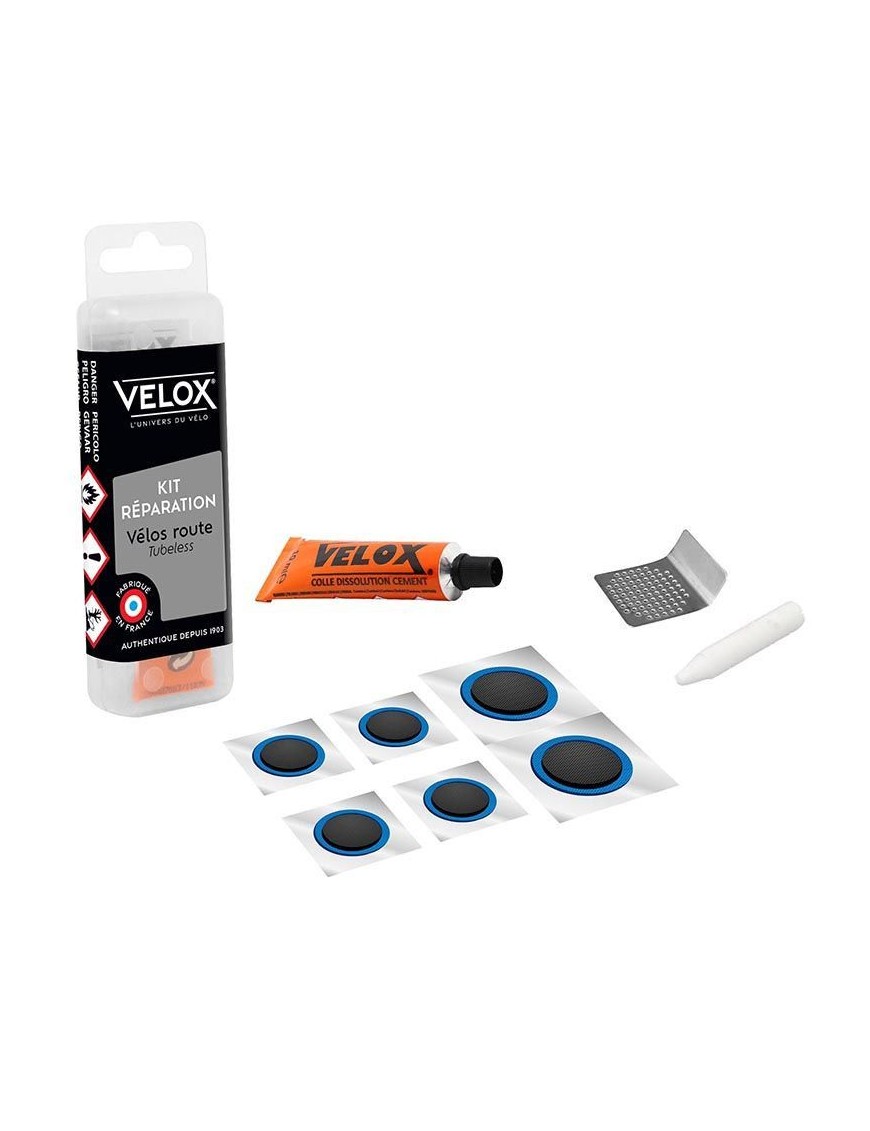 KIT REPARATION PNEU TUBELESS ROUTE VELOX PAR L'INTERIEUR AVEC RUSTINES - BOITE (COLLE 5g + 4 PATCHS 15mm + 2 PATCHS 25mm + 1 RA