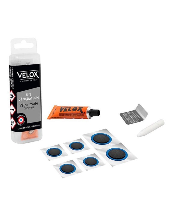 KIT REPARATION PNEU TUBELESS ROUTE VELOX PAR L'INTERIEUR AVEC RUSTINES - BOITE (COLLE 5g + 4 PATCHS 15mm + 2 PATCHS 25mm + 1 RA