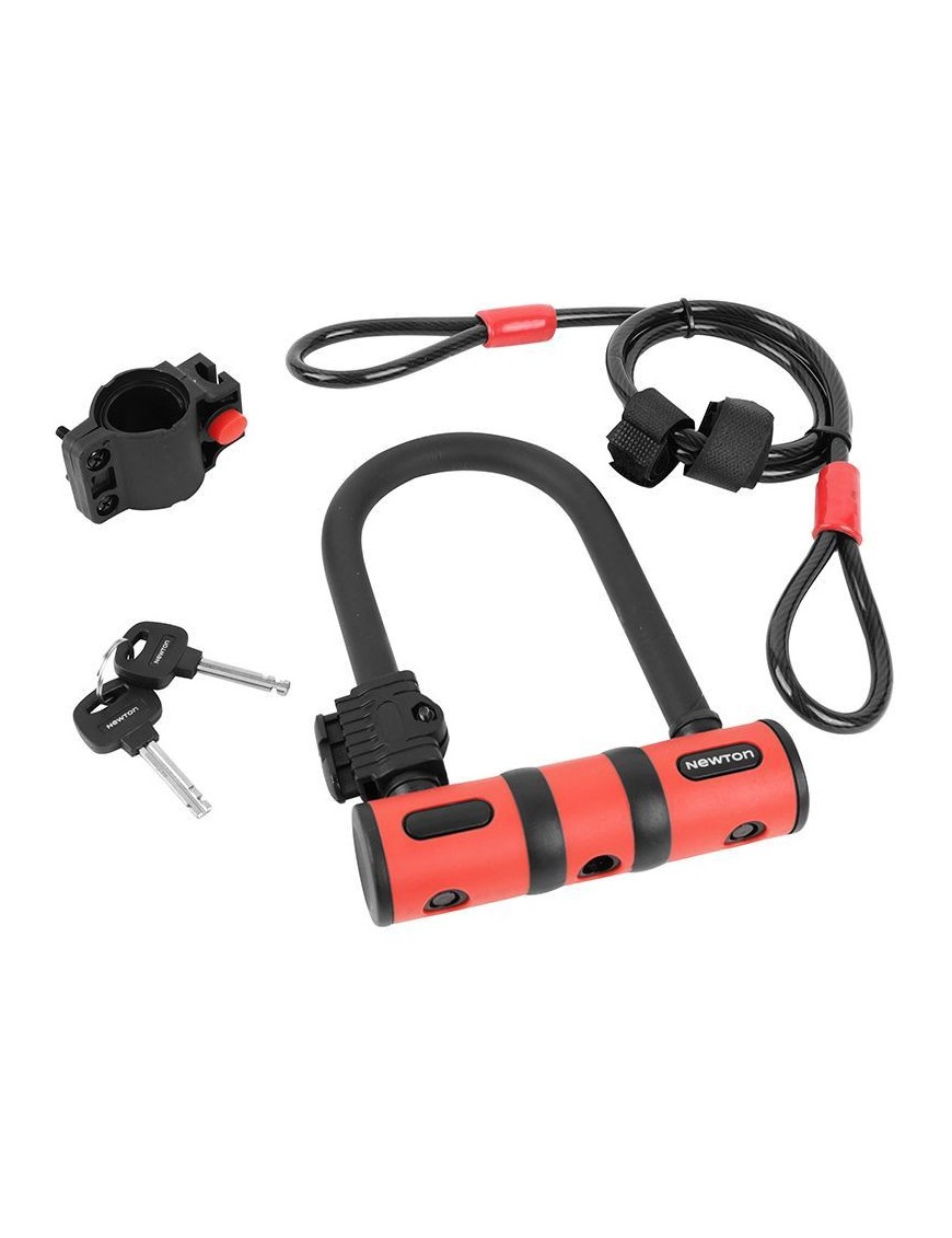 ANTIVOL VELO U NEWTON DIAM 13 MM AVEC CABLE AVEC SUPPORT NOIR-ROUGE (2 CLES)  -NIVEAU SECURITE 6-