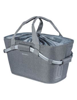 PANIER ARRIERE TOILE BASIL 2DAY 22L GRIS CLAIR AVEC ANSE FIXATION CLIP AUTOMATIQUE SUR PORTE BAGAGE SYSTEME MIK (COMPATIBLE AVE
