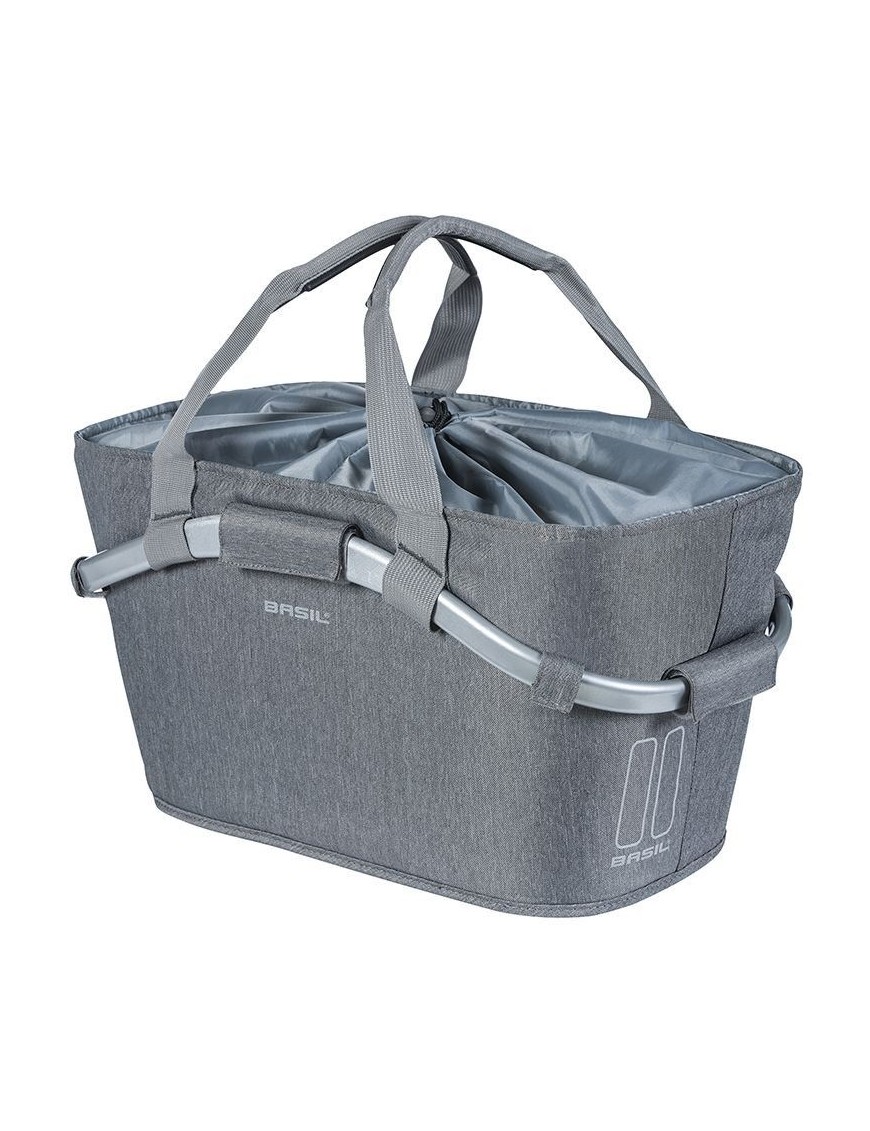 PANIER ARRIERE TOILE BASIL 2DAY 22L GRIS CLAIR AVEC ANSE FIXATION CLIP AUTOMATIQUE SUR PORTE BAGAGE SYSTEME MIK (COMPATIBLE AVE