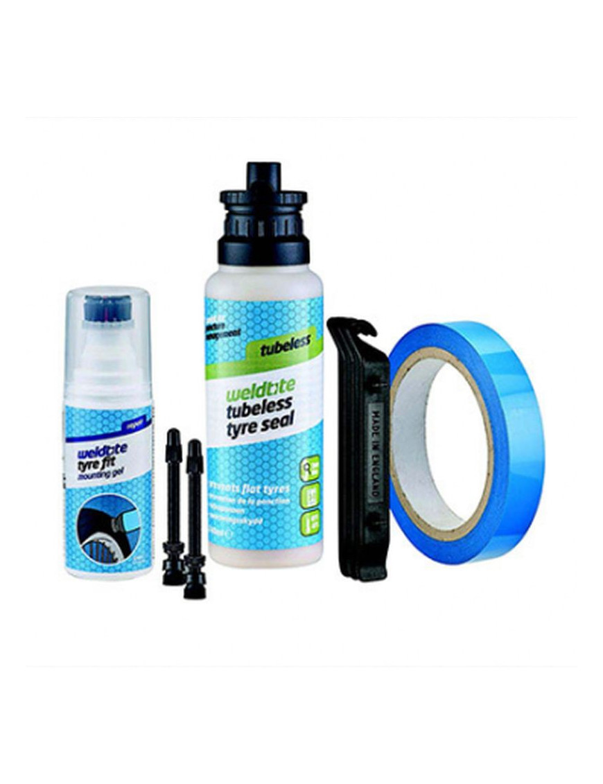 KIT CONVERSION TUBELESS WELDTITE AVEC PREVENTIF 240ml, 2 VALVES PRESTA 55mm, FOND DE JANTE ADHESIF 25mm, DEMONTE PNEU, LIQUIDE 