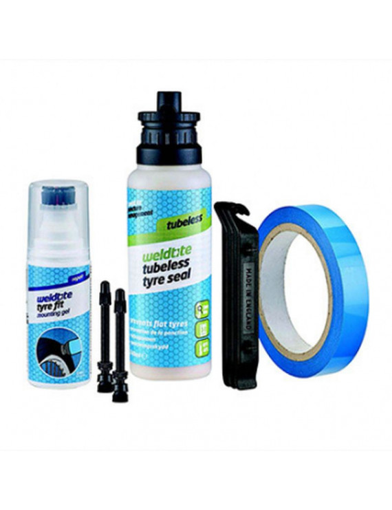 KIT CONVERSION TUBELESS WELDTITE AVEC PREVENTIF 240ml, 2 VALVES PRESTA 55mm, FOND DE JANTE ADHESIF 25mm, DEMONTE PNEU, LIQUIDE 