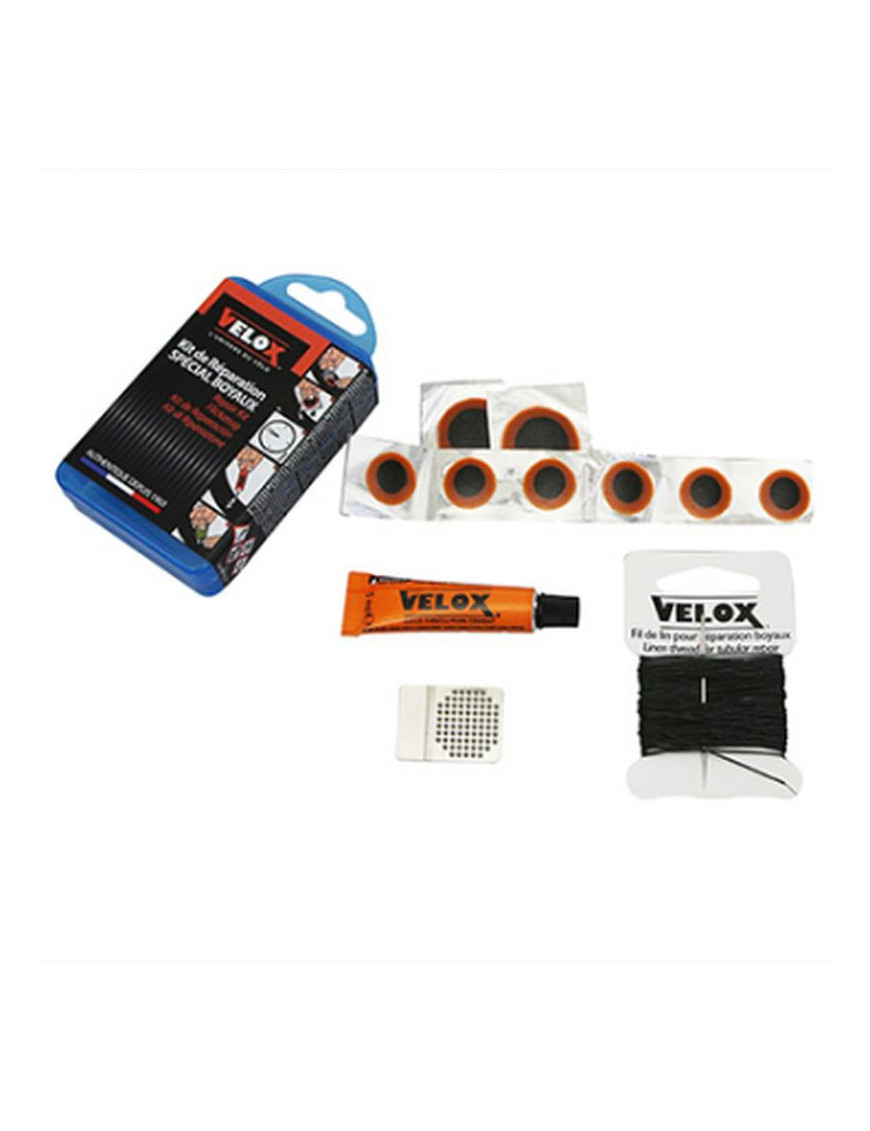 KIT REPARATION BOYAUX - BOITE (6 PATCHS 15mm + 2 PATCHS 25mm + COLLE 5g + RAPE ACIER) AVEC NOTICE