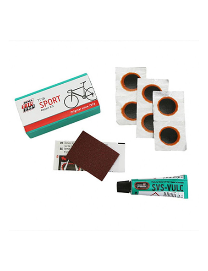 KIT REPARATION CHAMBRE A AIR TIP TOP TT04 SPORT BOITE (6 PATCHS F0 15mm + COLLE 3g + PAPIER PONCE) AVEC NOTICE (5060045)